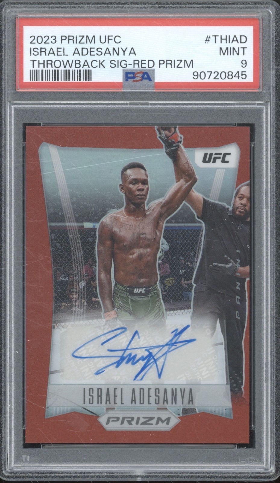 2023 Panini Prizm UFC Throwback Red Israel Adesanya 12/99 Autograph Mint PSA 9