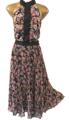 TRUTH & FABLE womens Mix floral pleated floaty halterneck occasion dress size 14
