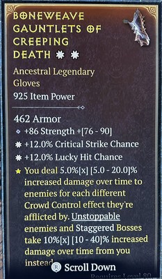 DIABLO 4 SEASON 5 Gloves Double Greater Affix Critical Strike Lucky Hit Chance