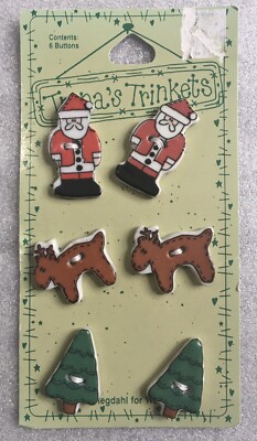 Trena's Trinkets 6 Ceramic Christmas Buttons Santa, Reindeer, Tree THB-36 NEW