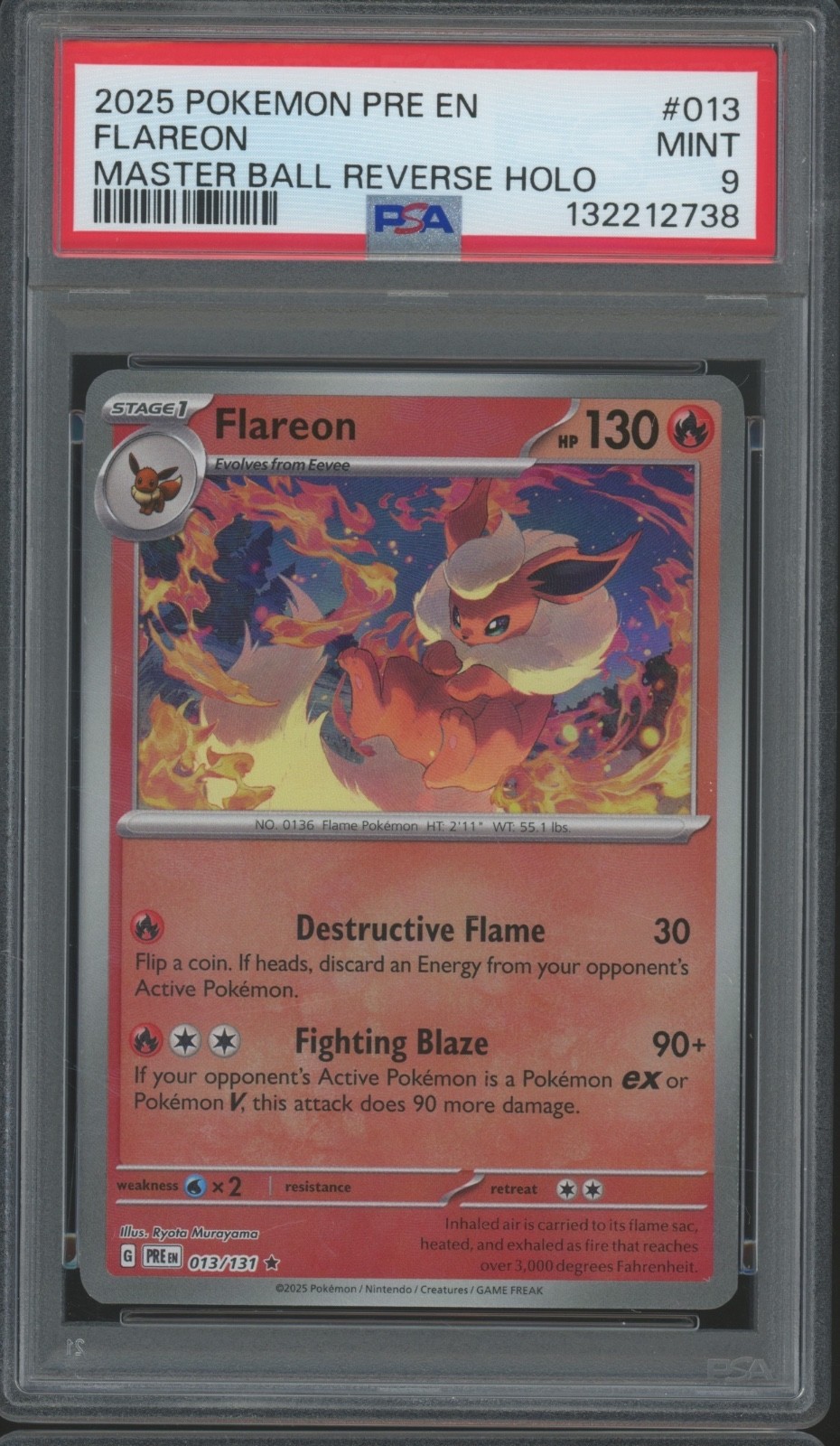 2025 Pokemon PRE EN Master Ball Reverse Holo #013 Flareon Mint PSA 9