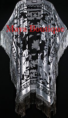 Pre-owned Maya Matazaro Silver Gray Caftan Duster Fringe Jacket Kimono Burnout Velvet