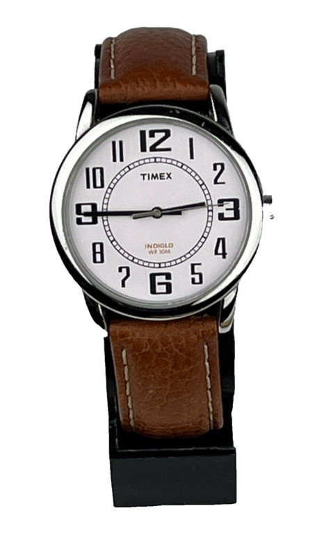 Timex Indiglo Unisex Watch Silver Tone Brown Leather Band Wr New Battery Running