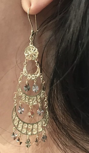 Pre-owned Handmade Gold Earring Chandelier 14k Heart Gypsy Filigree Solid Long Drop Hang 3.25" In Multicolor