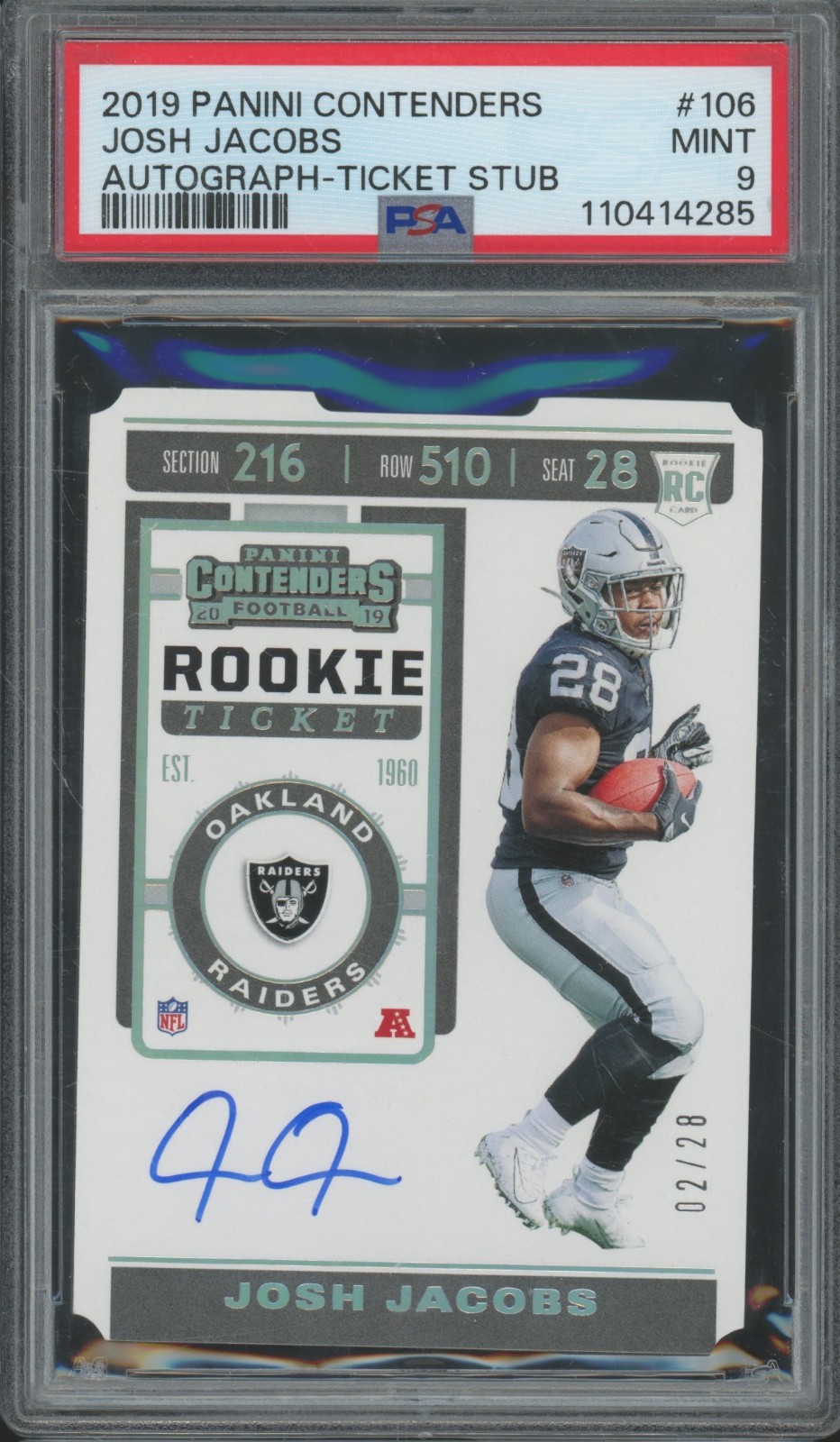 2019 Contenders Rookie Ticket Stub #106 Josh Jacobs RC Auto Autograph /28 PSA 9