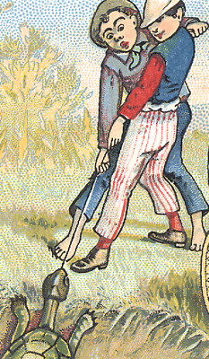 J & P COATS SIX CORD SPOOL COTTON TRADE CARD, BOYS PULLING A GIANT TURTLE  K175
