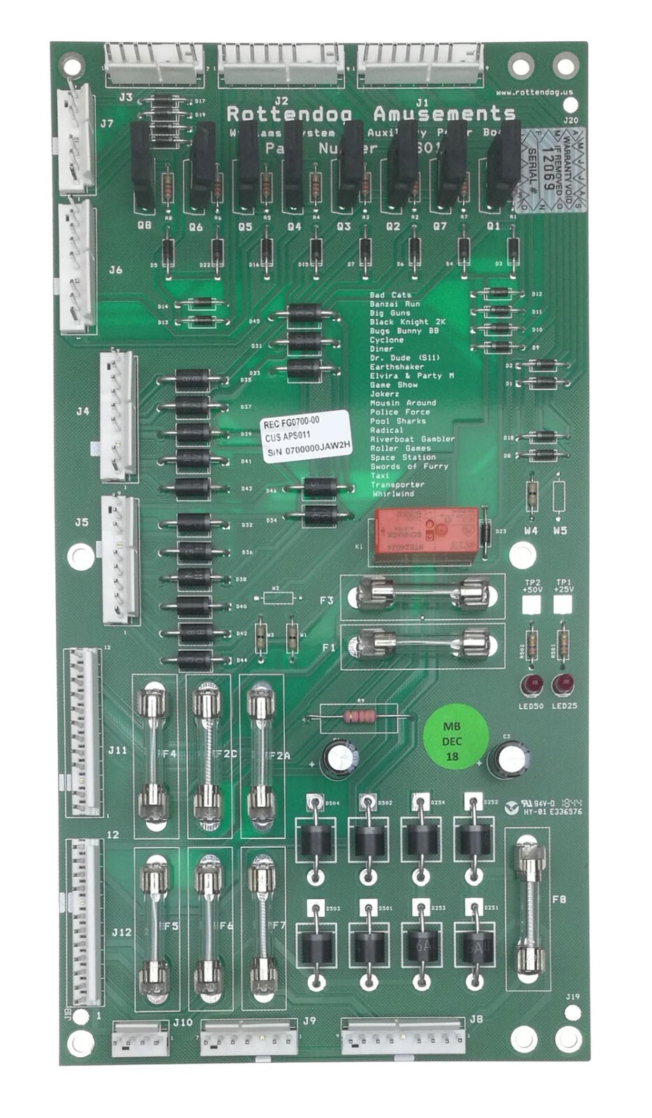 Williams/Bally System 11B/11C #D-12247Pinball Auxiliary Driver Power Board. New