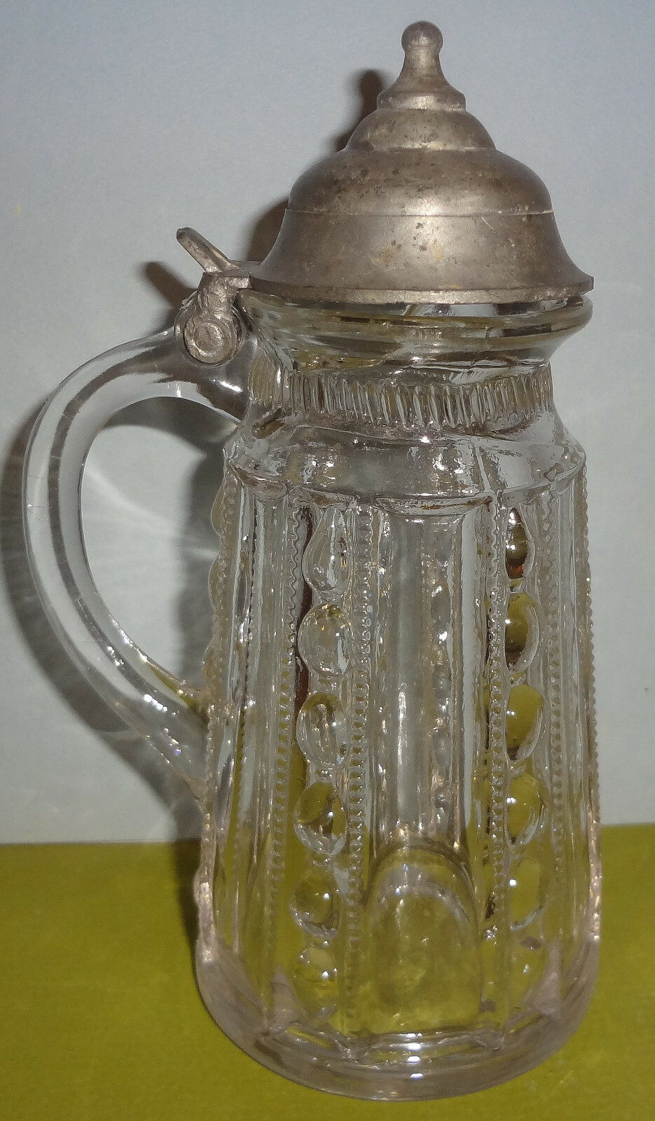 VRare EAPG 1880 METZ #1589 PANELLED BEADS glass SYRUP JUG - PEWTER TOP