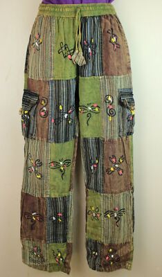S-3XL UNISEX PATCHWORK Cotton Trousers Hippy Boho Yoga Pants Wide Festival 202