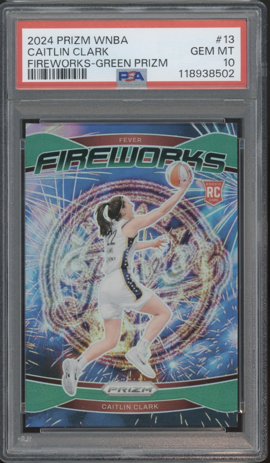 2024 Panini Prizm WNBA Fireworks Green #13 Caitlin Clark RC Gem Mint PSA 10