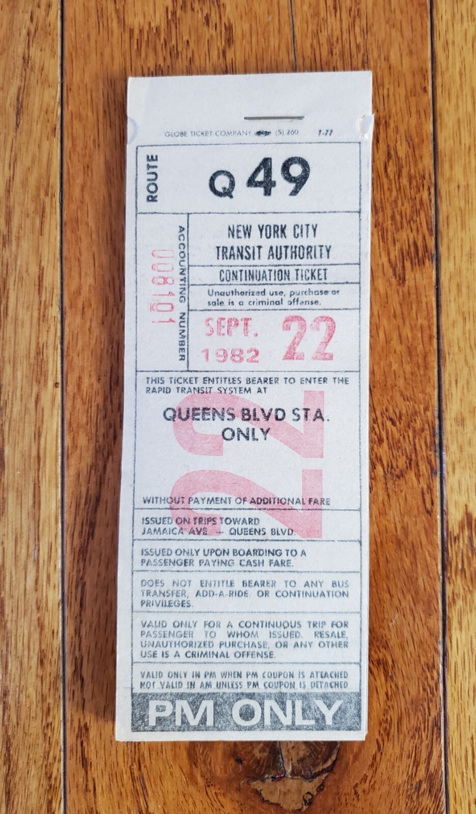 1982 NYCTA NYC BUS TICKET BOOK CONTINUATION TICKET Q49 1982 NYCTA NYC BUS TICKET BOOK CONTINUATION TICKET Q49