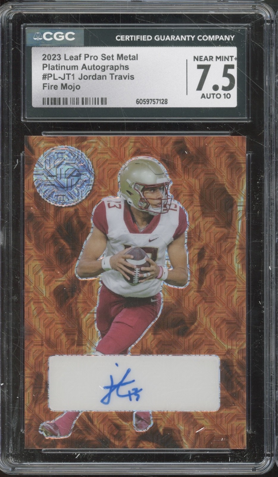 2023 Leaf Pro Set Metal Fire Mojo Jordan Travis 1/1 RC NM+ CGC 7.5 10 Auto