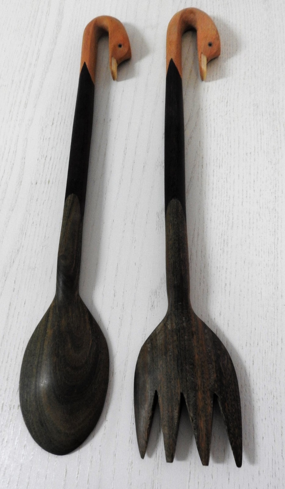 Vintage Duck Handle Walnut Salad Servers  12