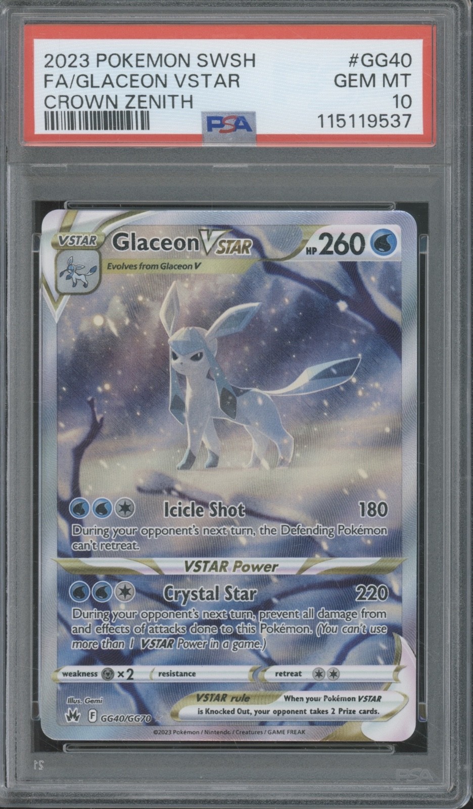 2023 Pokémon Crown Zenith Full Art Glaceon VStar GG40/GG70 Gem Mint PSA 10