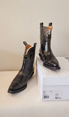 Pre-owned Ganni Low Shaft Embroidered Western Boots - Black/yellow ( Origin $595 )