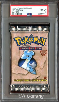 PSA 8 NM-MINT Sealed FOSSIL 1st Edition (Lapras) Booster Pack Pokemon Card 051