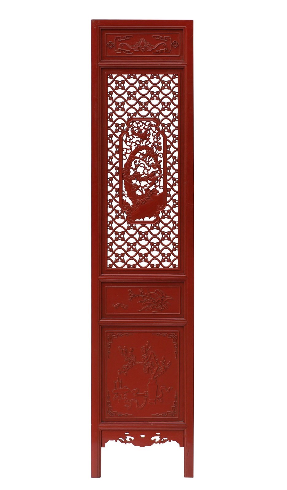 Oriental Red Paint Geometric Flower Bird Accent Narrow Floor Panel Headboard cs3568S Oriental Red Paint Geometric Flower Bird Accent Narrow Floor Panel Headboard cs3568S