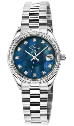 Pre-owned Gv2 By Gevril Womens 12429b Turin Diamond Blue Mop Dial Swiss Quartz Steel Watch