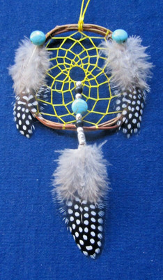 Native American Dreamcatcher Guinea and Turquoise  3 1/2'' Handmade by Shekestua