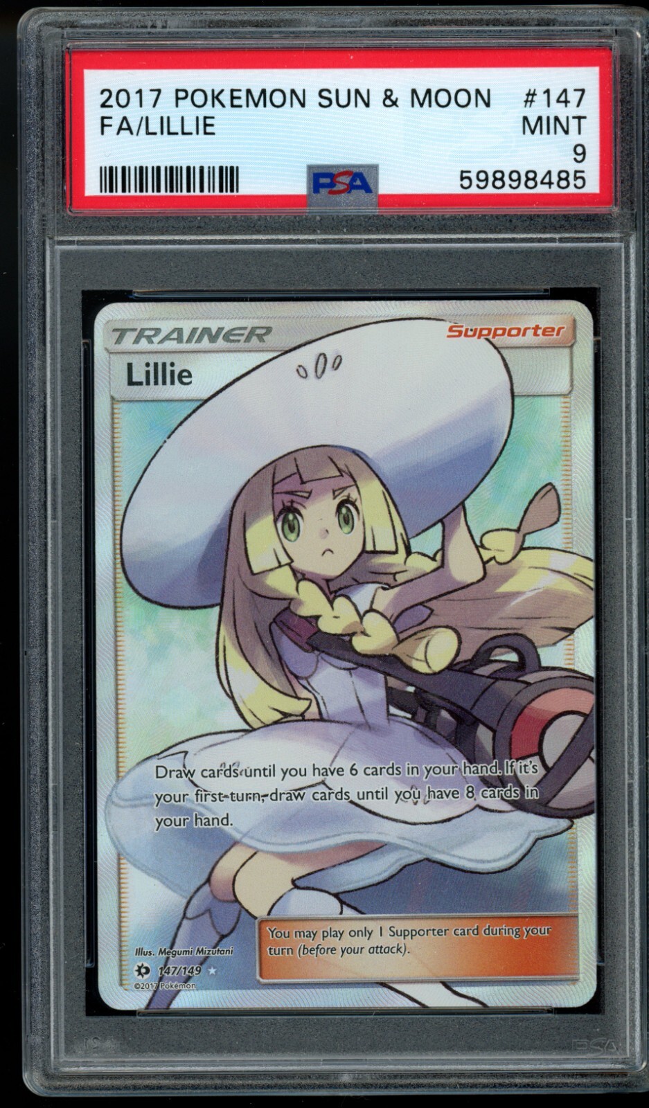 PSA 9 Lillie 147 Full Art Trainer Pokemon Card Sun Moon Base