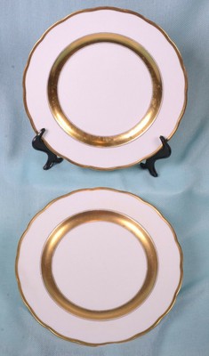 (2) Jones & Sons Crescent White Plates w/ Wide Gold Scalloped Rim SALAD PLATES