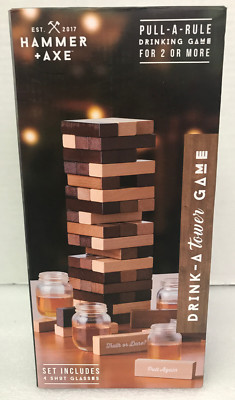 Hammer + Axe Drink-A-Tower 54 Wooden Blocks Adult Drinking Game 4 Shot Glasses.