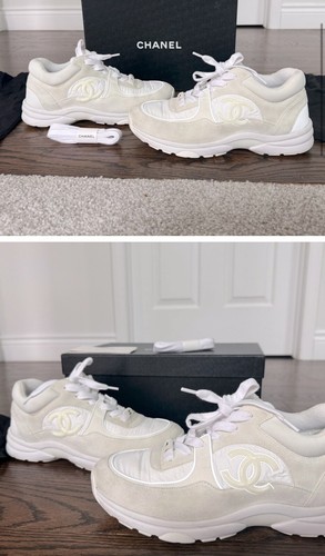 Size 10 - CHANEL Low Top Trainer Reflective White Suede | eBay