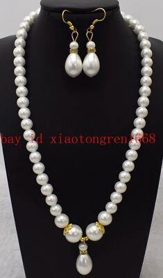 New Charming 8mm White Shell Pearl Gems Round Beads Pendant Necklace Earring Set