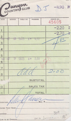 David Janssen signed restaurant bill (The Fugitive)