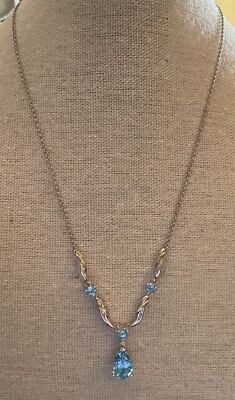 Alwand Vahan Blue Topaz Diamonds 14K Gold 925 Sterling Necklace Pendant 17 