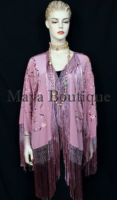 Pre-owned Maya Matazaro Embroidered Silk Fringe Jacket Kimono Strawberry Ice Multi Birds Flower Maya