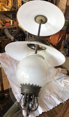 Antique Early Early 1900s Humphrey Kalamazoo Gas Light Lamp Brass Milk Glass