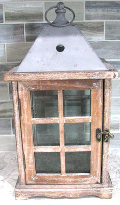 Rustic Wood Frame Glass Window Lantern w/Metal Roof Handle, Front Latch Door,15''
