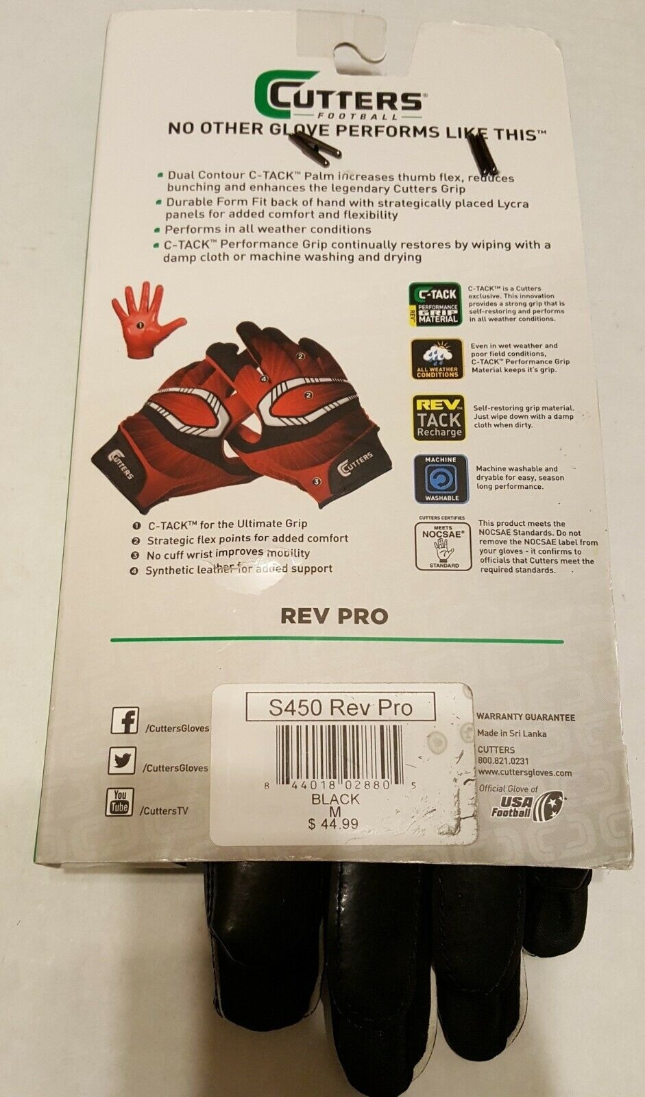 Cutters Gloves REV Pro Receiver Glove (Pair) Black Adult Medium New