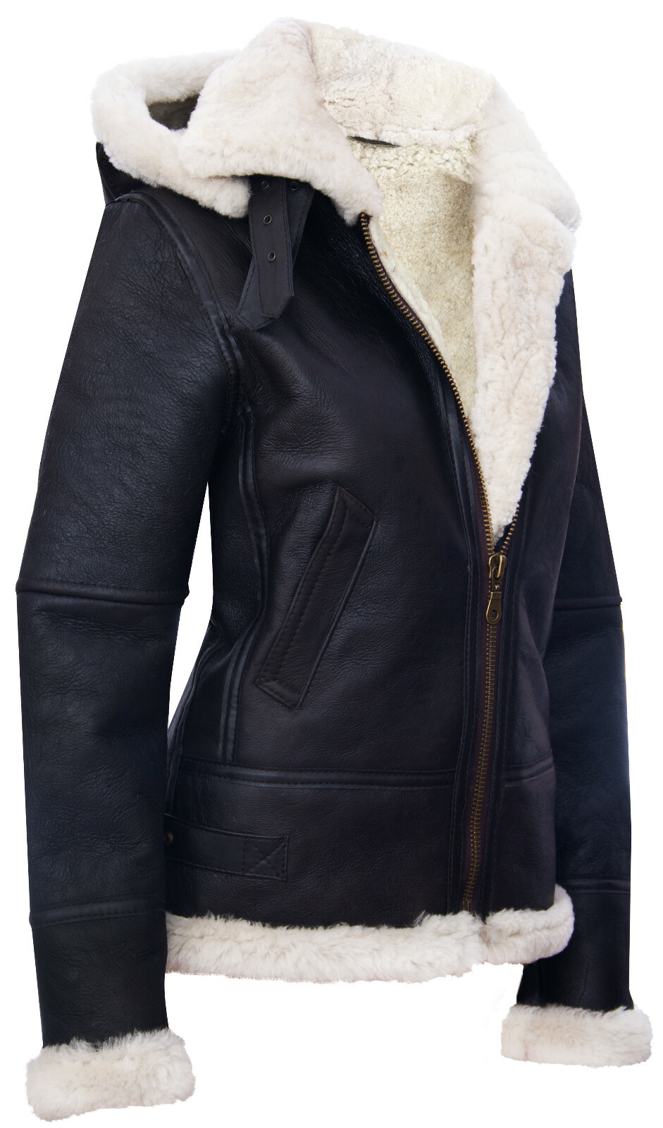 Pre-owned Raf Aviator Womens Hooded Sheepskin Jacket B3 Flying Leather  Pilot Brown Cream