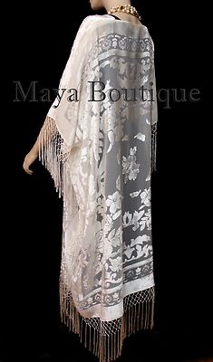 Pre-owned Maya Matazaro Ivory Kaftan Duster Fringe Jacket Kimono Opera Coat Burnout Velvet  In White