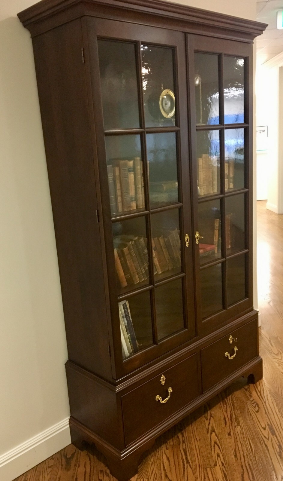 Stickley Bookcase - Tall Enclosed Glass Bookcase with 2 Drawers