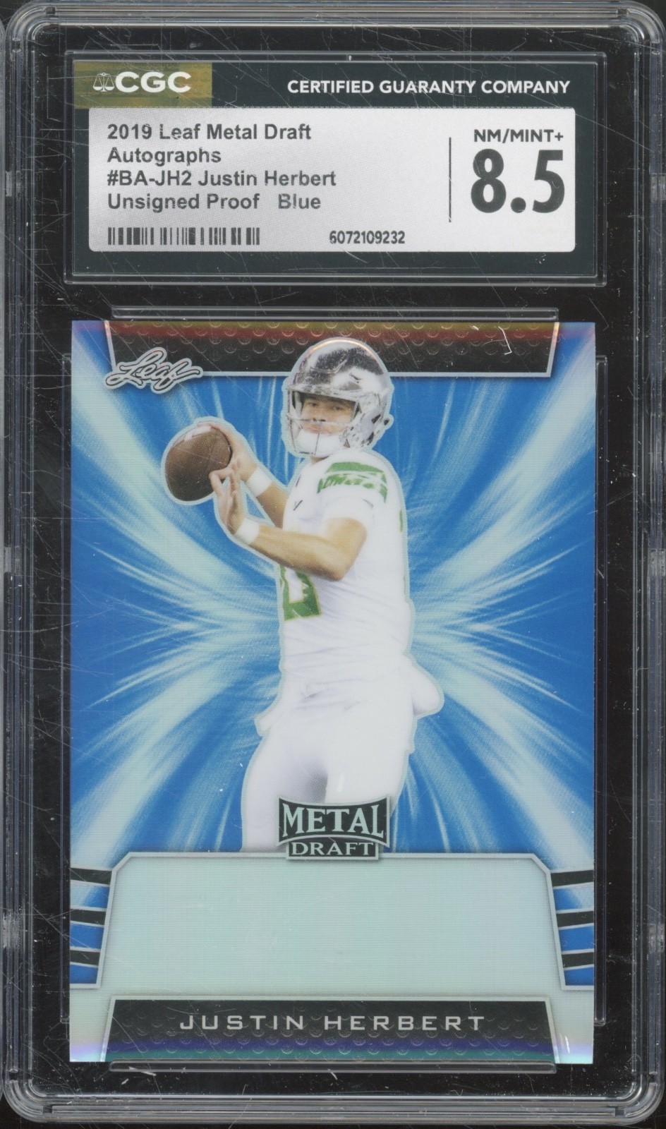 2019 Leaf Metal Blue Proof Justin Herbert 1/1 RC Rookie NM-MT+ CGC 8.5