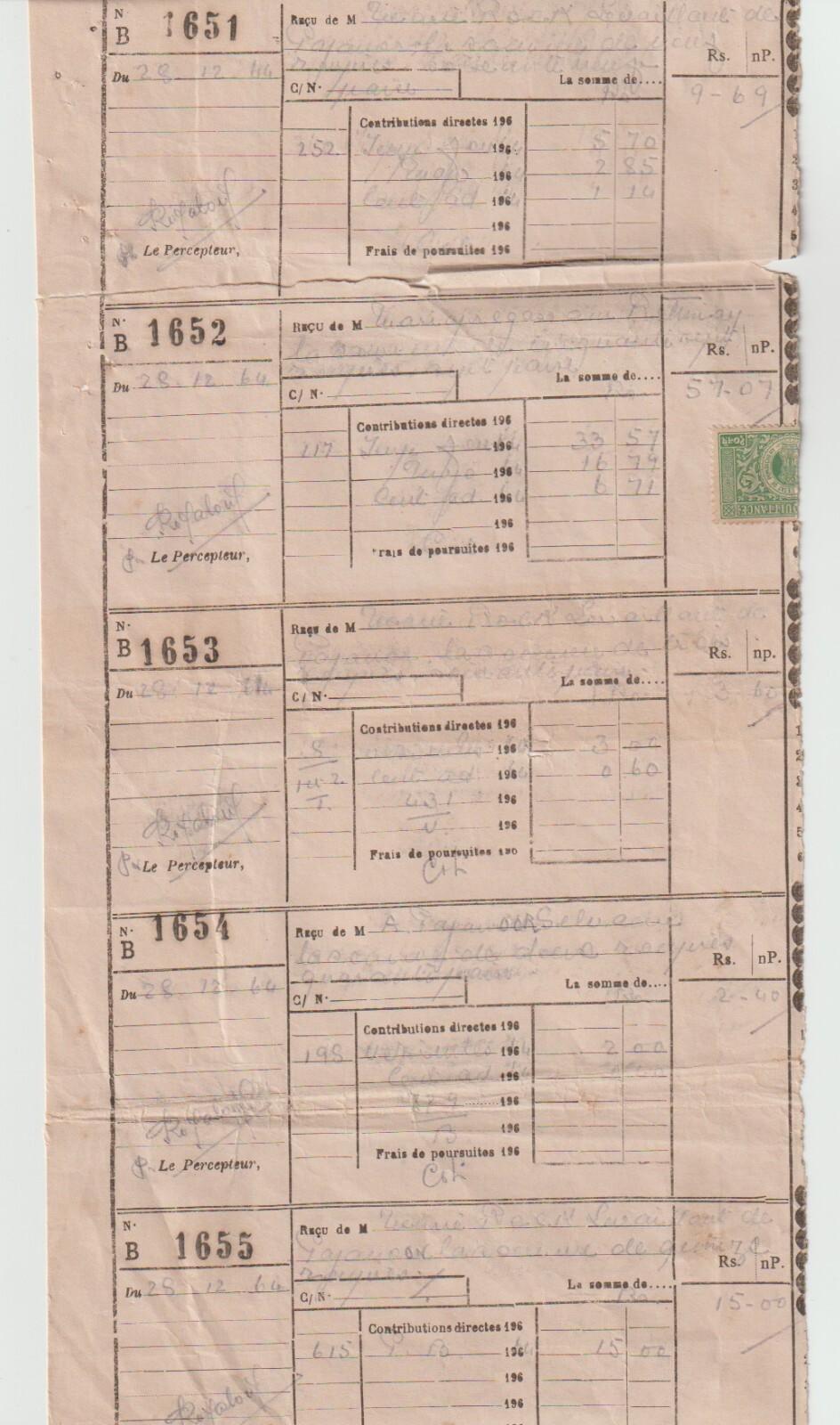 French India (Indian Administration)  10np green revenue stamp on document