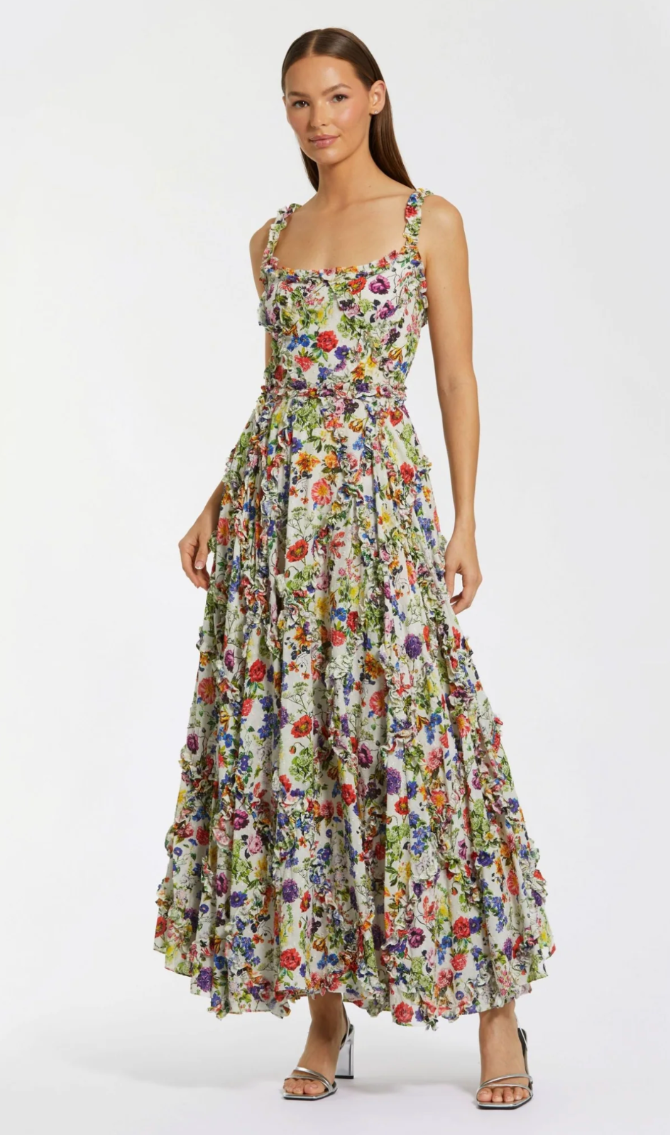 ★セール♪★MAC DUGGAL 装飾フェイクラップドレス★ Mac Duggal Multicolor Ruffle Scoop Neck Floral A-Line Dress
