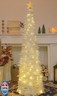HMASYO 5 FT Pop Up Christmas Tree with Timer Lights, White Tinsel Christmas Tree with Snowflake Ornaments, Collapsible Artificial Pencil Tree Xmas Decoration for Home, Office, Easy Assembly