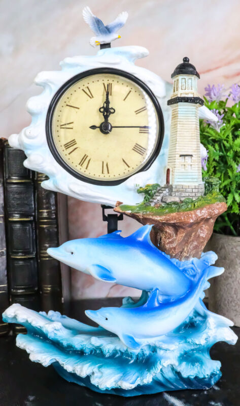 Nautical Marine Bottlenose Dolphins Family In Waves By Lighthouse Table Clock