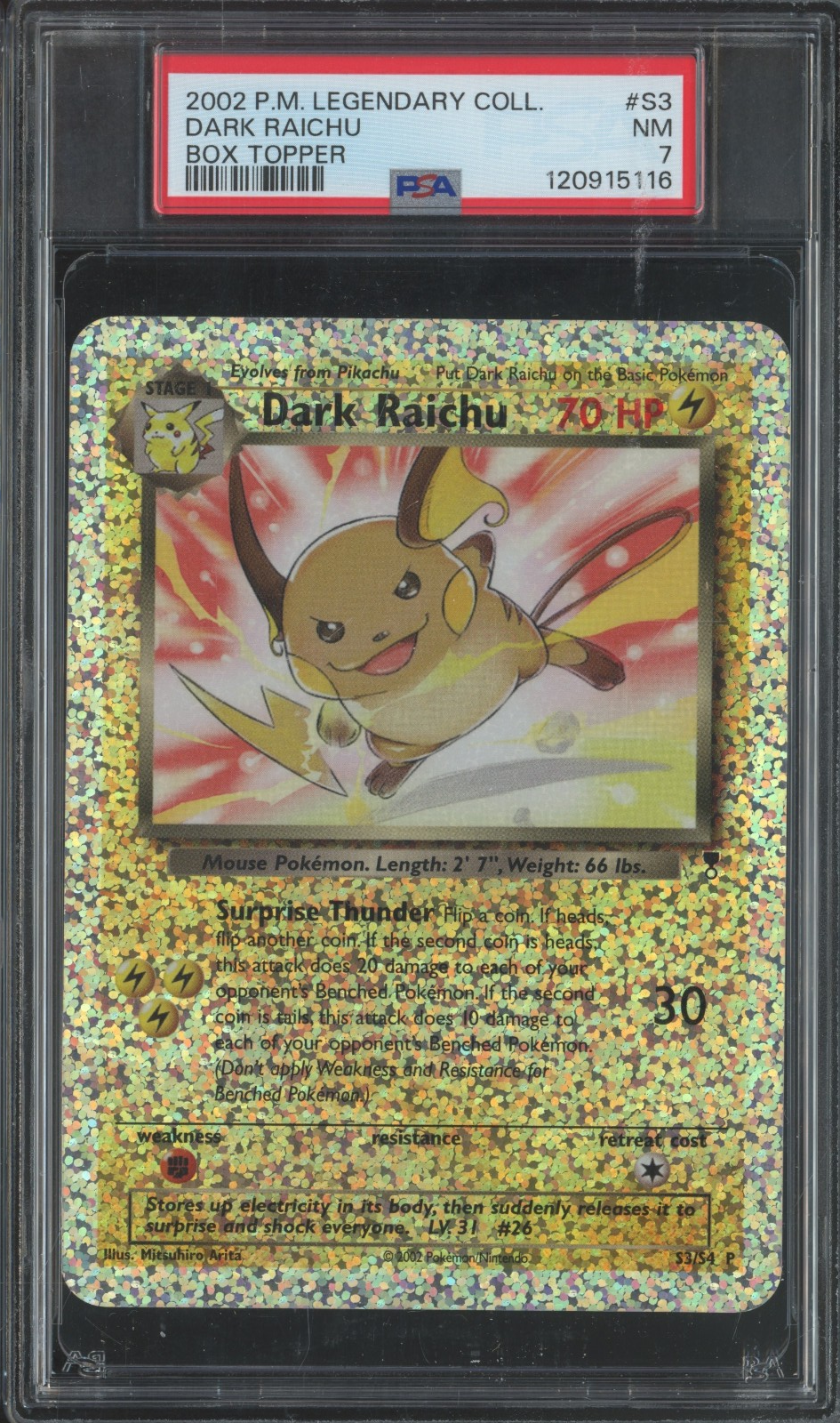 2002 Pokémon TCG Legendary Collection Box Topper Jumbo #S3 Dark Raichu NM PSA 7