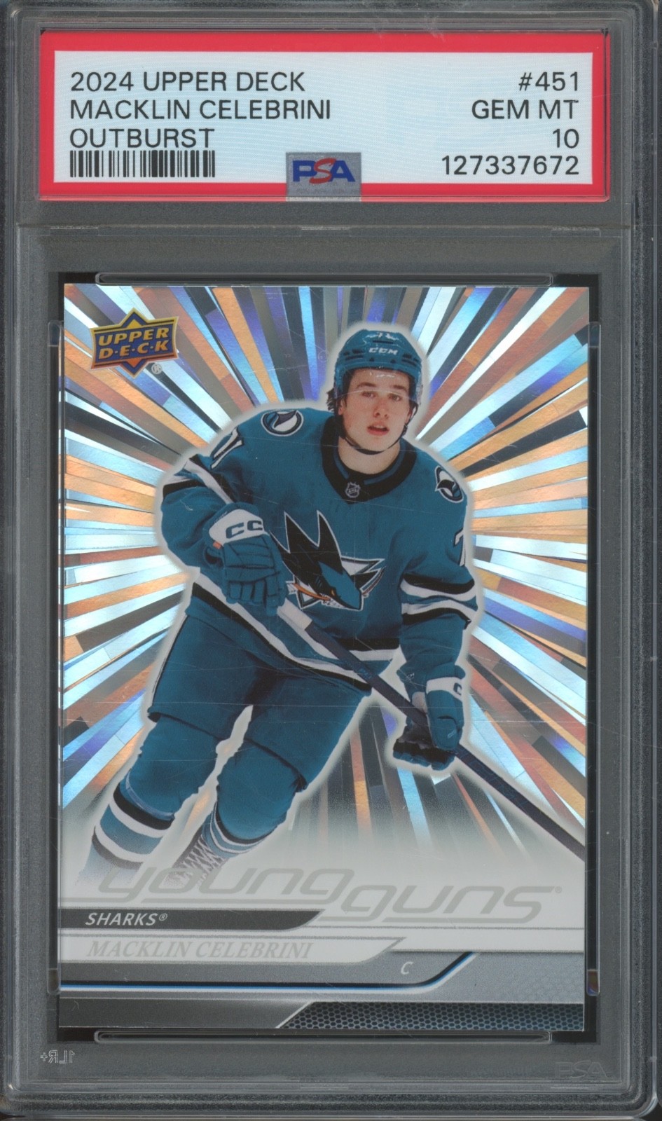 2024 Upper Deck Young Guns Outburst #451 Macklin Celebrini RC Gem Mint PSA 10