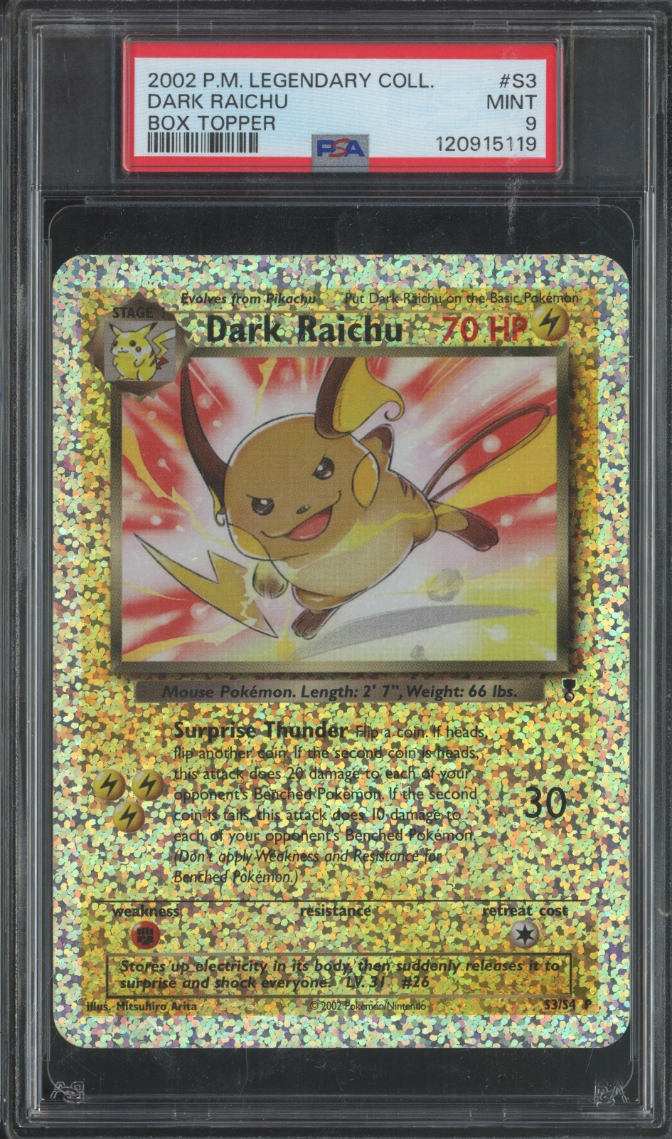 2002 Pokémon TCG Legendary Collection Box Topper Jumbo S3 Dark Raichu Mint PSA 9