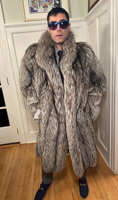 New 40'' Long Mens Silver Fox Real Fur Jacket / Car Coat Size 42R Medium USA