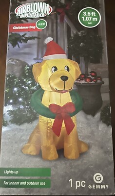 Gemmy 3.5' Ft Airblown Inflatable Christmas Santa Hat Dog w/ Wreath LED Lights