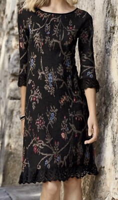 Peruvian Connection MARCELLE Sweater Dress Sz L Black Floral Lace 3/4 Sleeve NWT