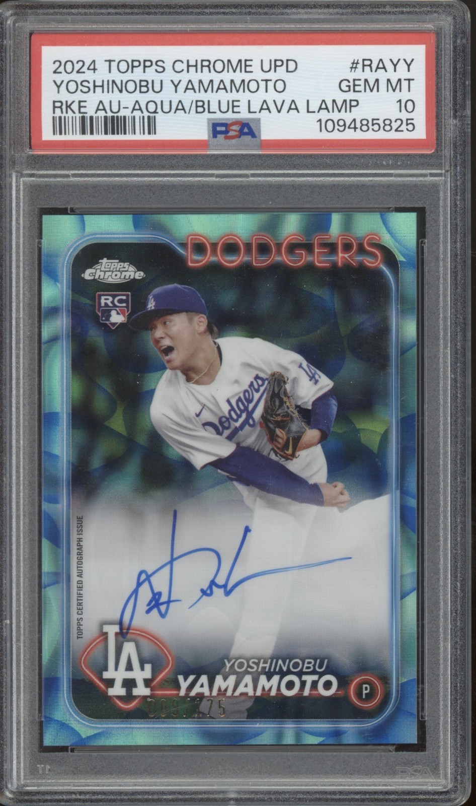 2024 Topps Chrome Aqua Blue Lava Lamp Yoshinobu Yamamoto /175 Auto RC Gem PSA 10
