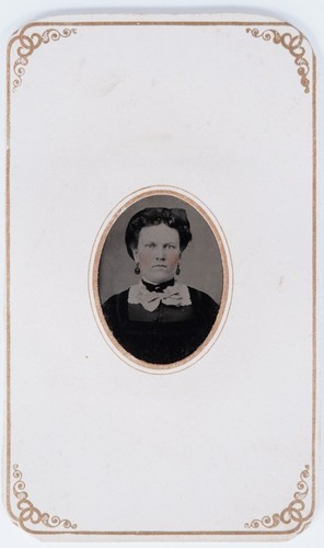 Antique 2.5x4in Tintype Stern Woman White Bow Collar Earrings CDV Mount